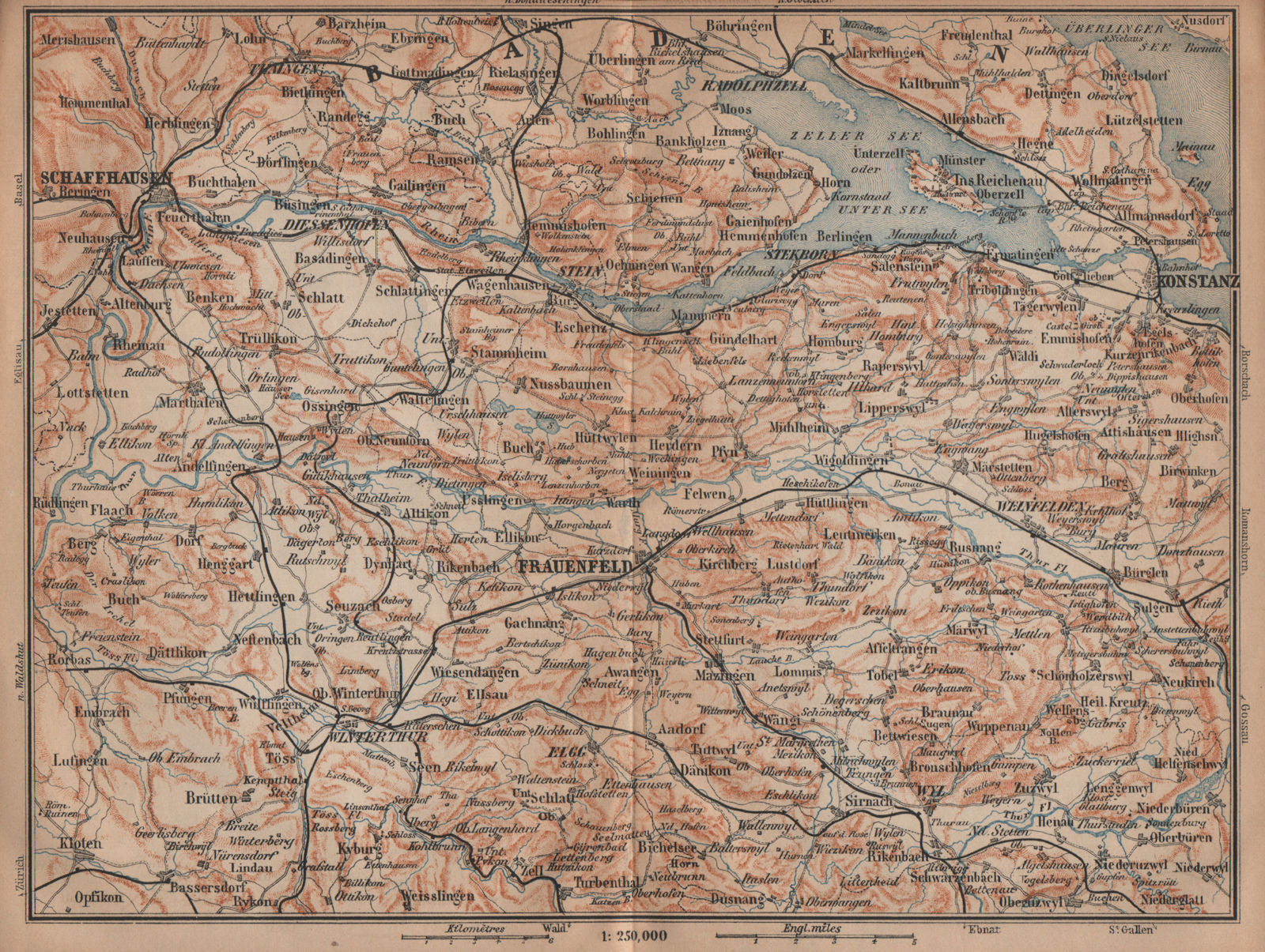 SCHAFFHAUSEN to CONSTANCE. Konstanz Frauenfeld Zeller See Unter See 1901 map